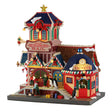 Lemax Christmas Village Wonderland Rail illuminated building with festive lights and detailed holiday scene.