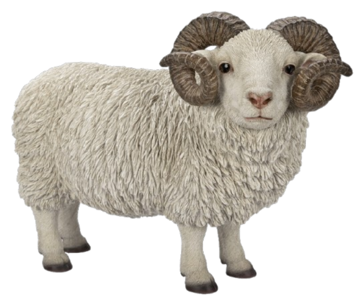 Real Life Ram with Horns resin ornament by Vivid Arts, detailed sculpture of a ram with curved horns on a natural base.