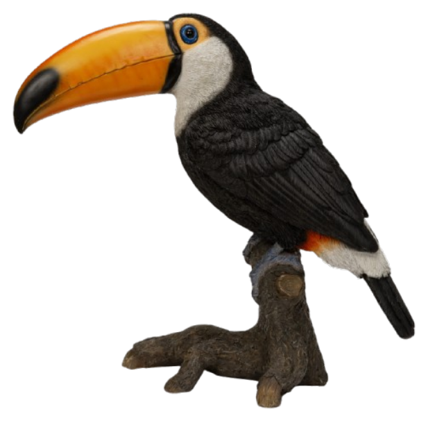 Real Life Toucan ornament by Vivid Arts, detailed resin sculpture of a colorful toucan perched on a branch.