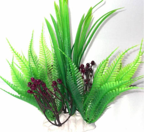 Plastic Green Fern and Purple Flowers Aquarium Ornament Decoration - Mill Race Garden Centre