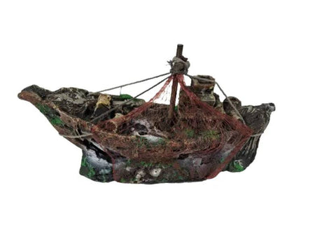 Small Ship with Red Net Aquarium Ornament - Mill Race Garden Centre