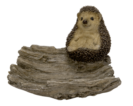 Vivid Arts resin ornament of a hedgehog sitting on driftwood, suitable for outdoor garden decor.