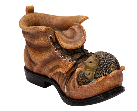Realistic resin hedgehog boot planter ornament by Vivid Arts, detailed and charming garden decor.