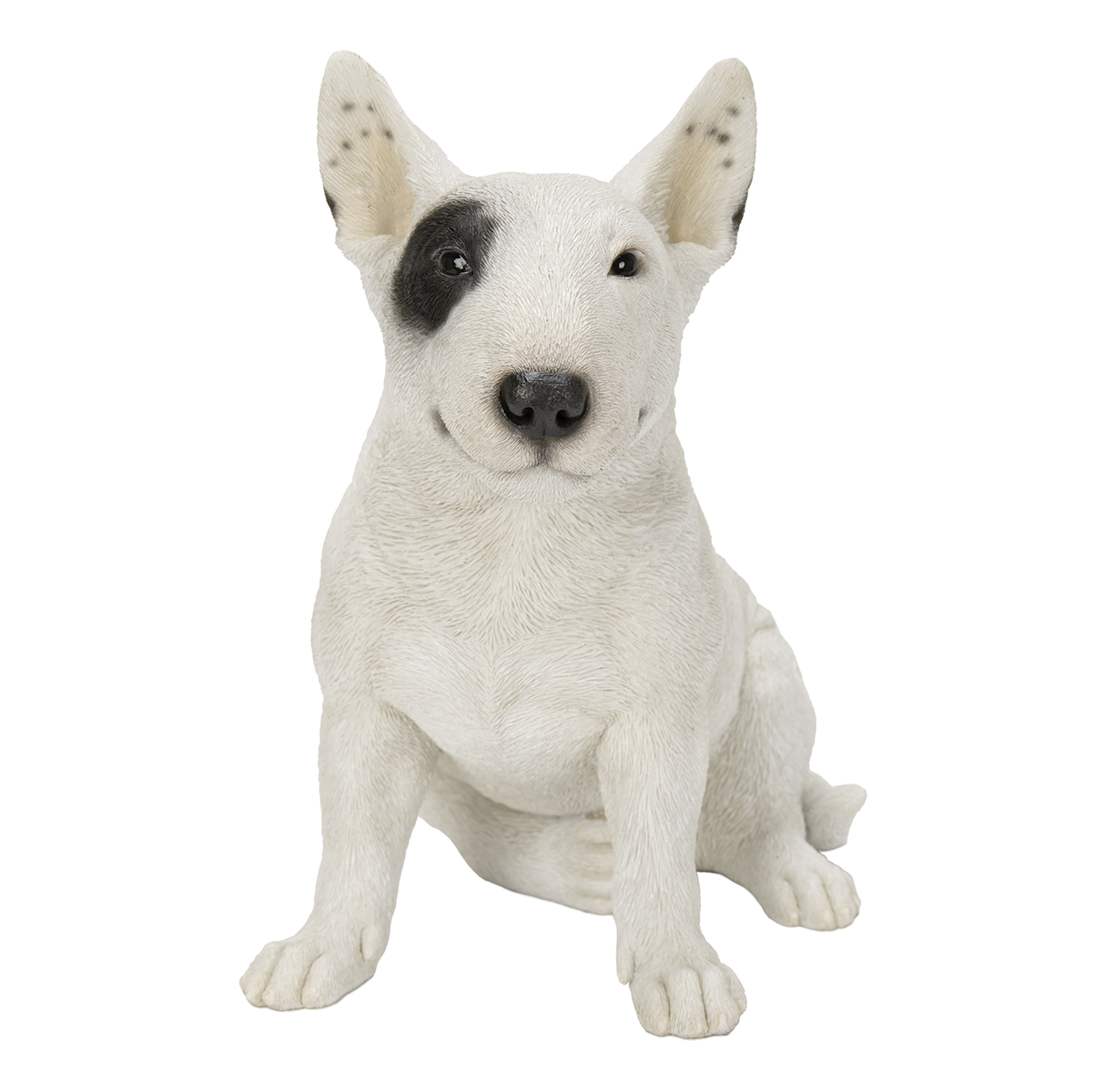 Vivid Arts black and white bull terrier resin ornament for outdoor decor, realistic dog sculpture for garden or patio.