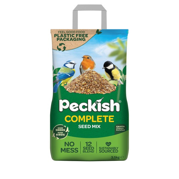 Peckish Complete Seed Mix for wild birds in a 3.5kg eco paper bag, ideal for bird care and feeding.