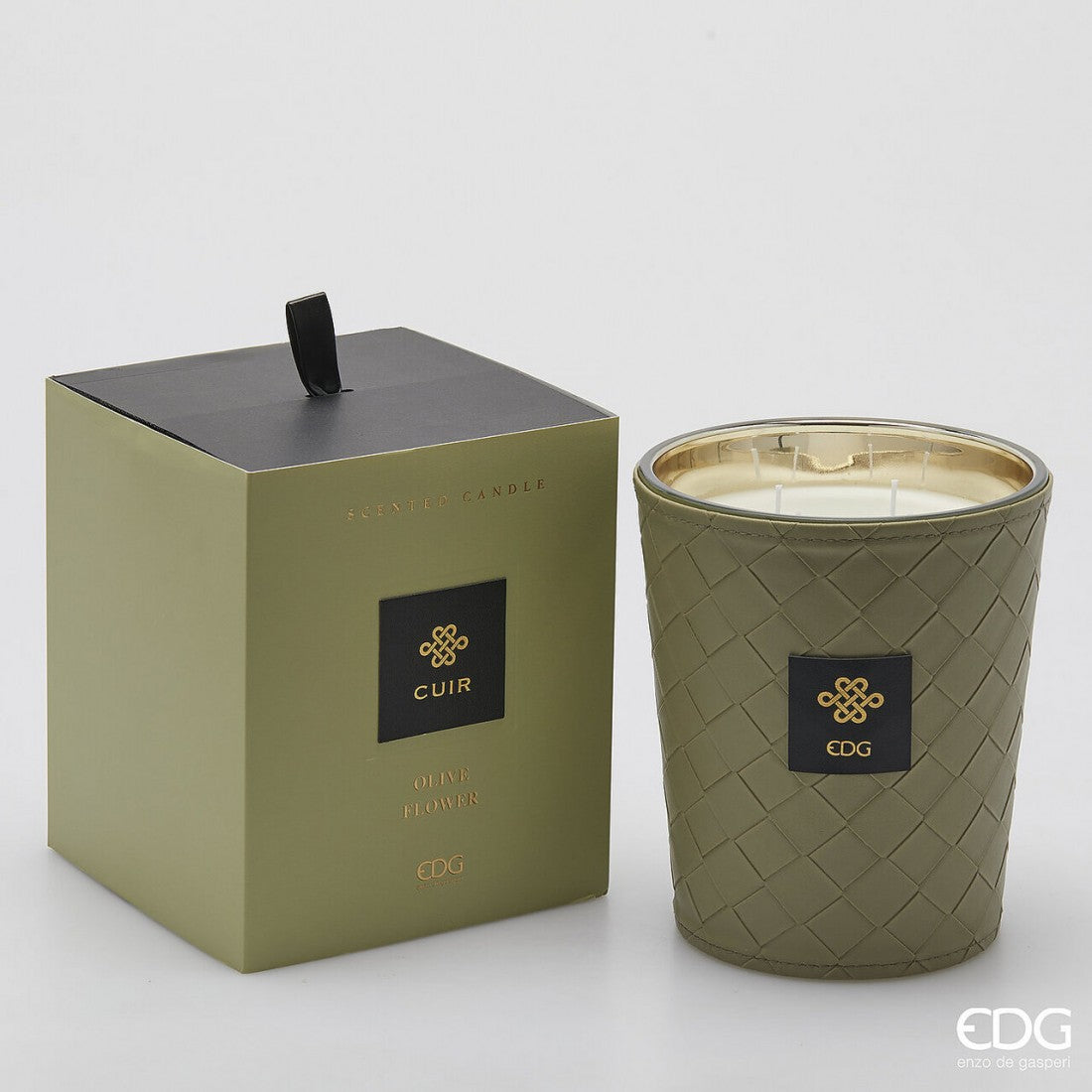 EDG Enzo De Gasperi Italian leather scented candle in olive flower fragrance, 360g, in elegant gift box.