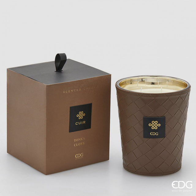 EDG Enzo De Gasperi Italian leather candle in gift box, 360g, with tonka and clove scent, luxury home fragrance candle.