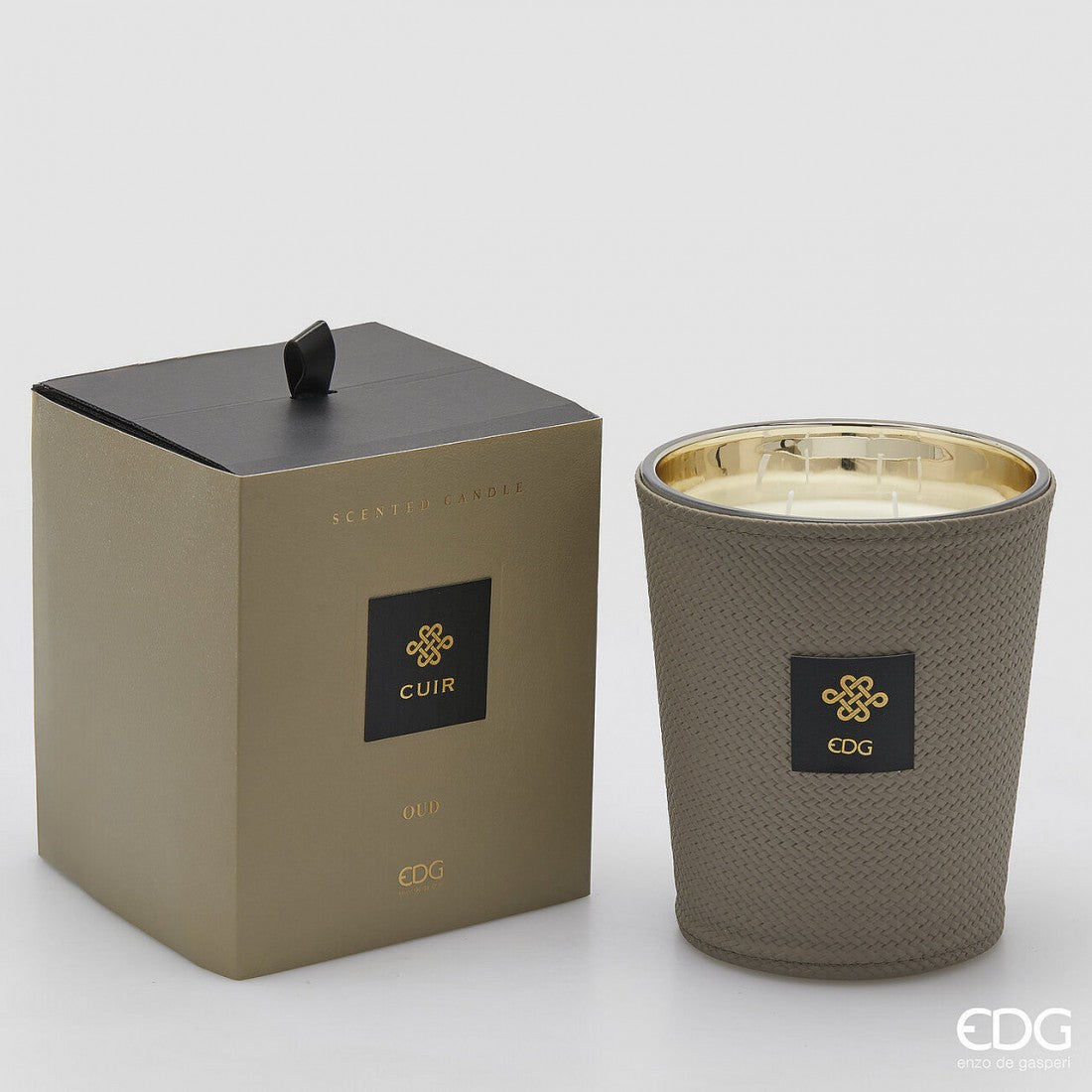 EDG Enzo De Gasperi Italian leather candle with oud scent, 360g luxury scented candle in a gift box, perfect for home ambiance.