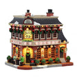 Lemax Dani's Pub illuminated building with 4.5V adaptor, detailed Christmas village scene, festive holiday decor, night scene.