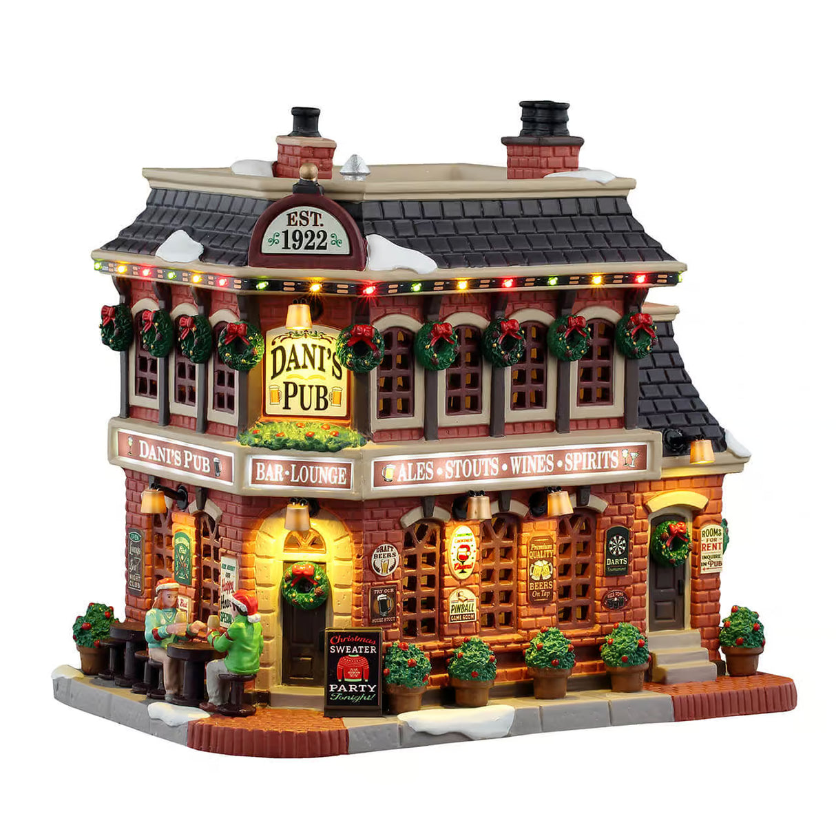 Lemax Dani's Pub illuminated building with 4.5V adaptor, detailed Christmas village scene, festive holiday decor, night scene.