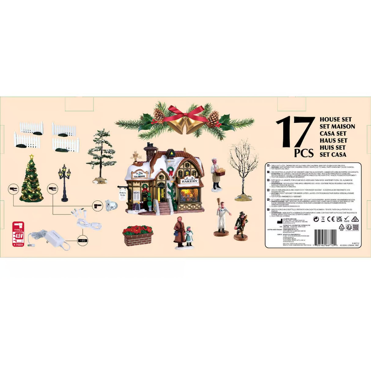Lemax Devaney's Bakery Christmas village house set with illuminated white bakery building and adaptor, part of Lemax illuminated buildings collection.