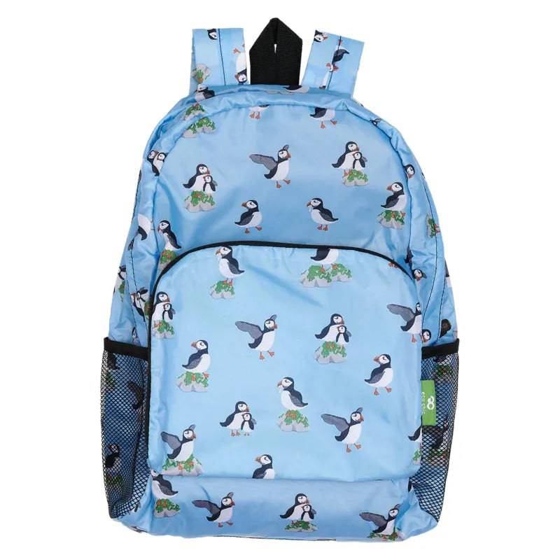 Eco Chic Blue Lightweight Foldable Backpack Multi Puffin - Mill Race Garden Centre