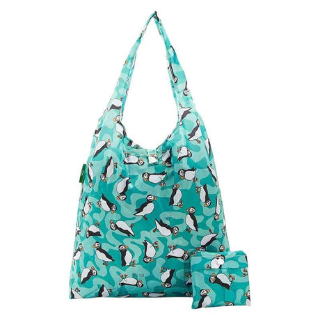 Eco Chic Lightweight Foldable Reusable Shopping Bag Teal Puffins - Mill Race Garden Centre