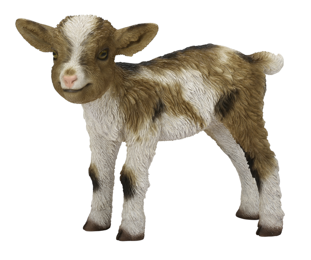 Tricolour resin goat ornament from Vivid Arts, realistic outdoor decorative sculpture of a kid goat.