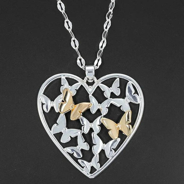 Filigree Two Tone Butterfly Heart Long Necklace - Mill Race Garden Centre