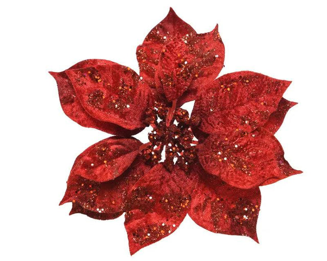 16cm Red Glitter Poinsettia On Clip by Kaemingk - Mill Race Garden Centre