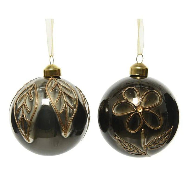 3pk Black Leaf/Flower Glass 8cm Baubles by Kaemingk - Mill Race Garden Centre