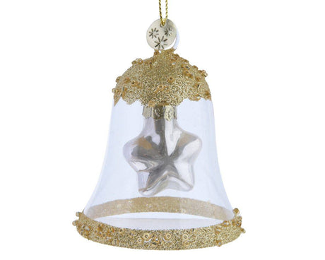 7.5cm Glass Bell with Gold Glitter and Beads by Kaemingk - Mill Race Garden Centre