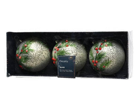 8cm Silver Glass Snow Finish On Leaves and Red Berries with Twig Matt Baubles 3 Pack by Decoris - Mill Race Garden Centre