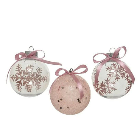 Shatterproof with Pink Satin Bow/Stars/Snowflakes 8cm Baubles by Kaemingk - Mill Race Garden Centre