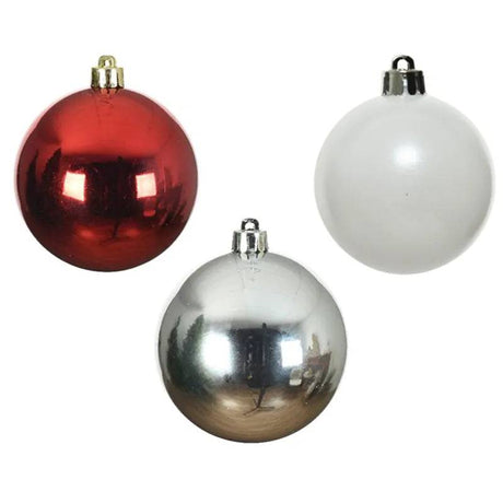 Shiny Shatterproof Baubles 10pk Mix of White Silver Red 6cm by Kaemingk - Mill Race Garden Centre