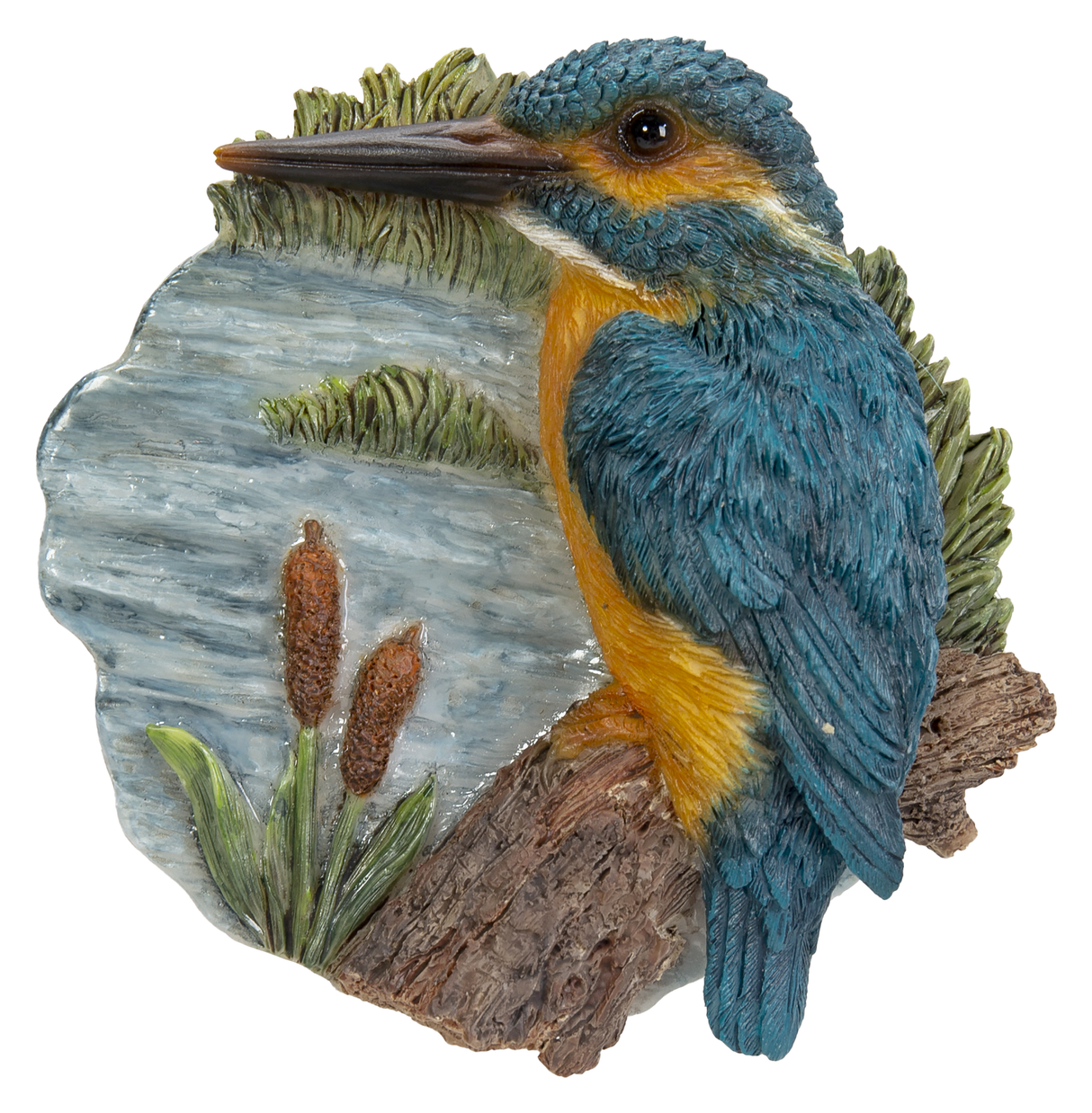 Vivid Arts resin ornament of a kingfisher bird perched on a tree stump, suitable for outdoor garden decor.