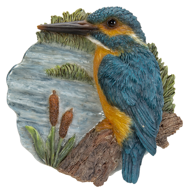 Vivid Arts resin ornament of a kingfisher bird perched on a tree stump, suitable for outdoor garden decor.