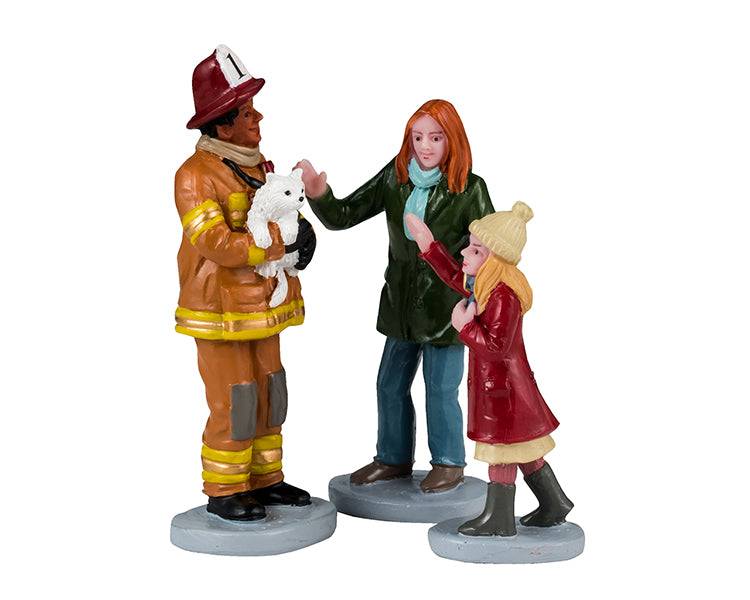 Fireman To The Rescue Set of 3 Lemax Christmas Village Figurine