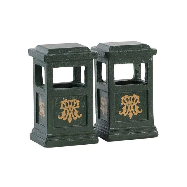 Set of two green Lemax Christmas Village trash cans, decorative accessories for holiday miniature displays.