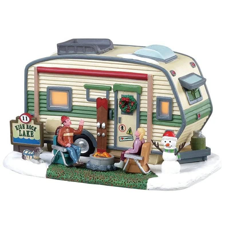 Lemax High Rock Lake Trailer illuminated Christmas village building with detailed winter scene and festive lights.