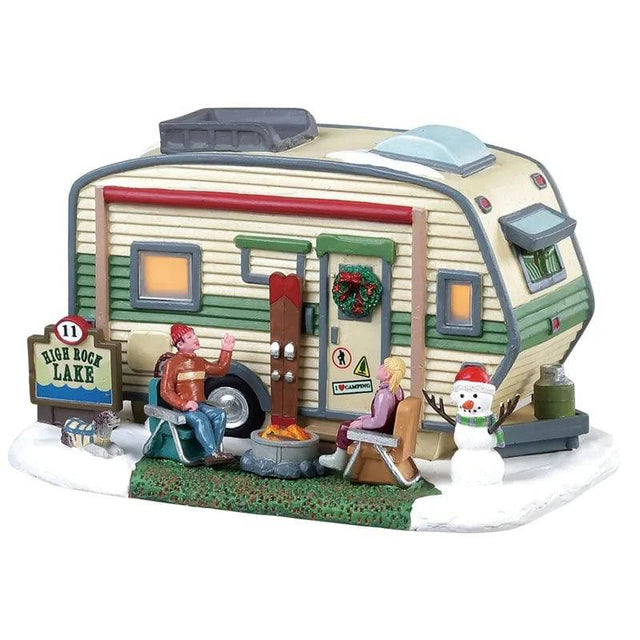 Lemax High Rock Lake Trailer illuminated Christmas village building with detailed winter scene and festive lights.