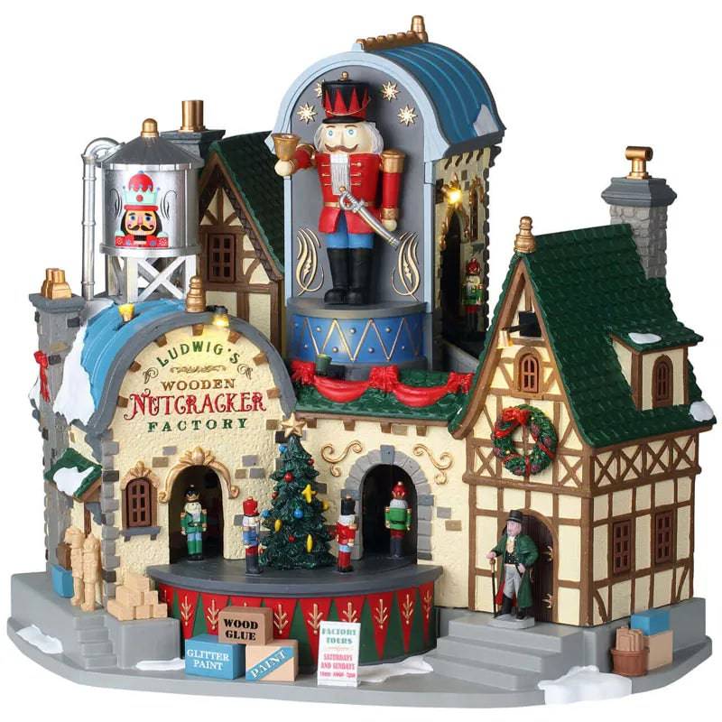 Ludwigs Wooden Nutcracker Factory Lemax Christmas Village Lights and Sounds - Mill Race Garden Centre