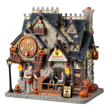 Lemax Spooky Town Bigfoot Brewhaus illuminated building, detailed Halloween-themed spooky town display with lights and spooky details.