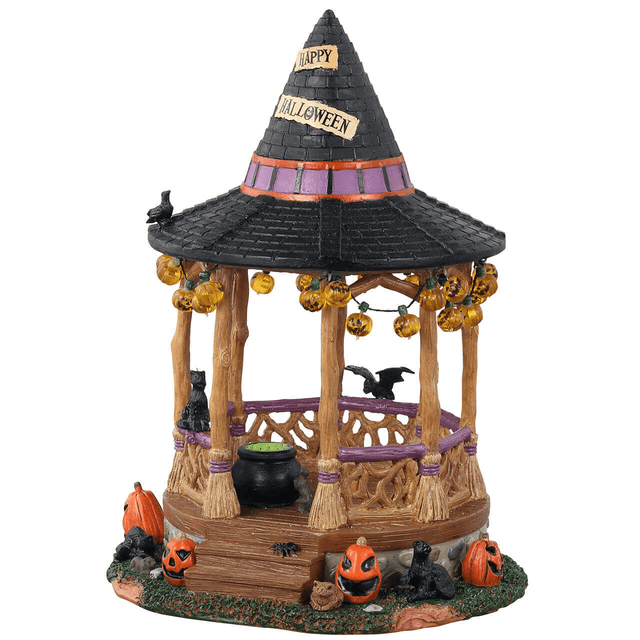 Lemax Spooky Town Witch Gazebo table accent with witch figure and spooky decorations for Halloween display.