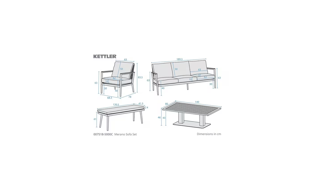 Kettler Charlbury Signature Merano aluminium 7-seat sofa set with 140cm x 80cm high/low table, outdoor lounge furniture
