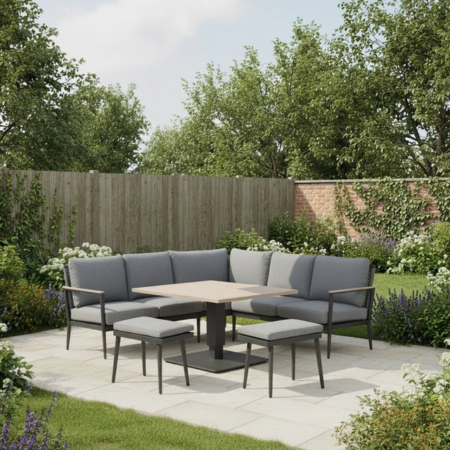 Kettler Charlbury Signature Merano aluminium corner furniture set with square high/low table, modern outdoor patio furniture.