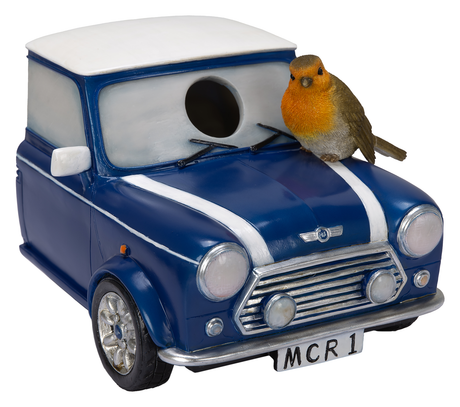 Vivid Arts Classic Mini Cooper resin birdhouse designed as a miniature car for wild bird nesting and garden decor.