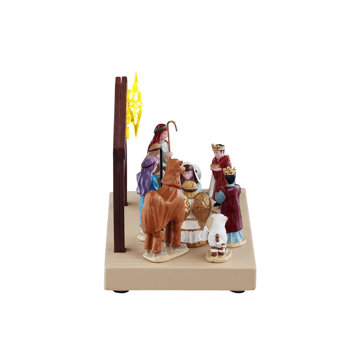 Lemax Nativity Play Christmas Village table accent featuring figurines of Mary, Joseph, and baby Jesus in a festive scene