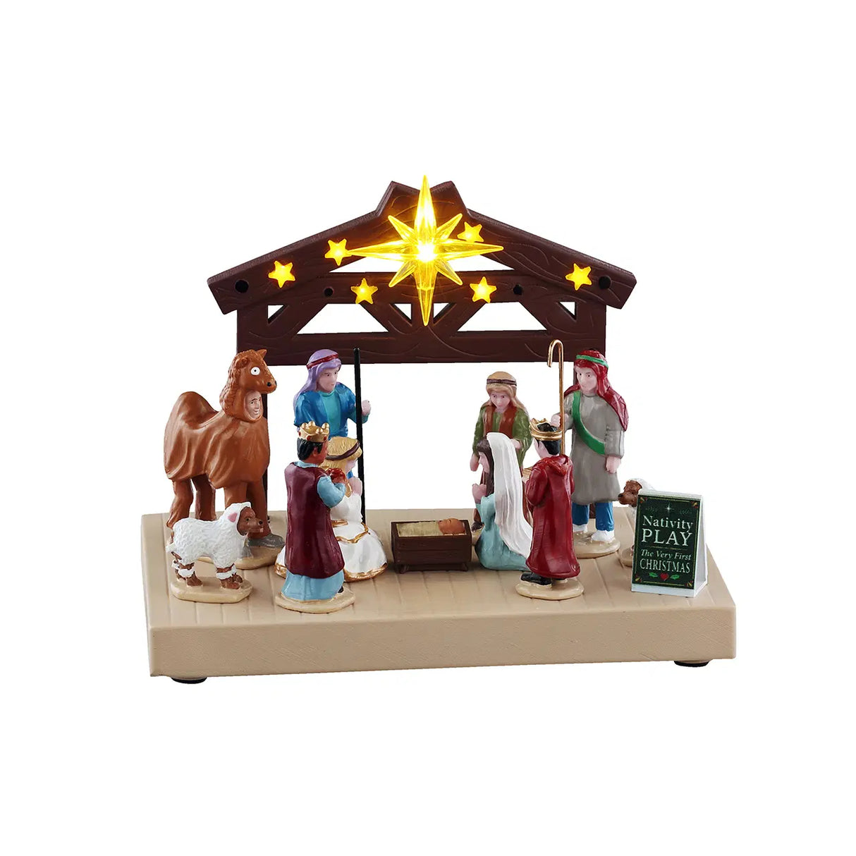 Lemax Nativity Play table accent with figures and stable scene for Christmas village display.