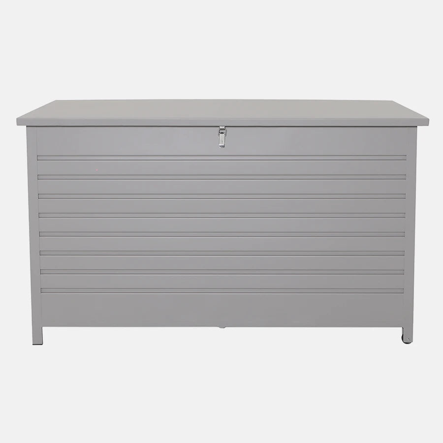 Kettler Pebble aluminium storage cushion box in large size, front view showing sleek metal design and secure lid for outdoor use.