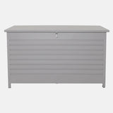 Kettler Pebble aluminium storage cushion box in large size, front view showing sleek metal design and secure lid for outdoor use.