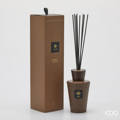EDG Enzo De Gasperi Italian leather reed diffuser bottle in a luxury gift box, 150ml, with warm tonka and clove fragrance.