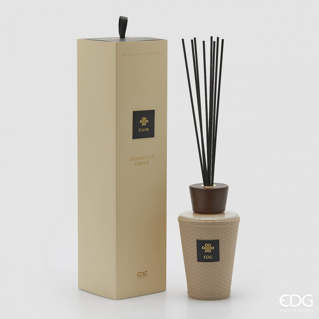 EDG Enzo De Gasperi Italian leather reed diffuser bottle in Moroccan Amber scent, 150ml, with luxurious designer gift box.