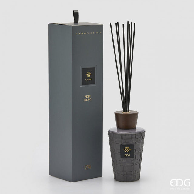EDG Enzo De Gasperi Italian leather reed diffuser bottle in black pepper scent, shown in a luxury designer gift box.