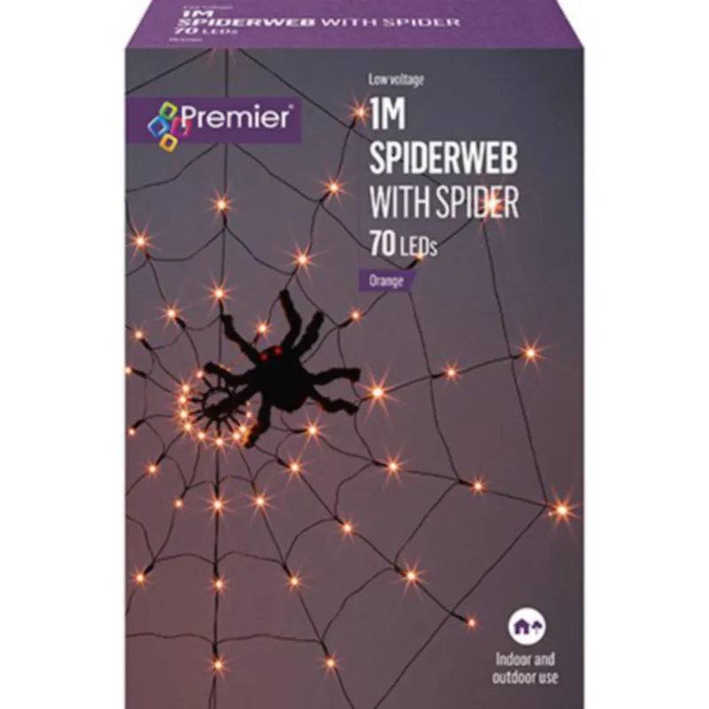 Premier Halloween 1m Lit Spider Web with Spider 70 Orange LEDs - Mill Race Garden Centre