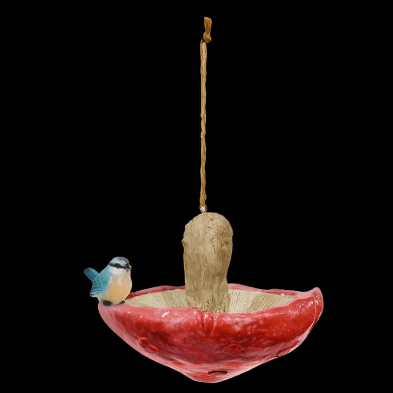 Mushroom Bird Feeder w/Bluetit Red Resin - Mill Race Garden Centre