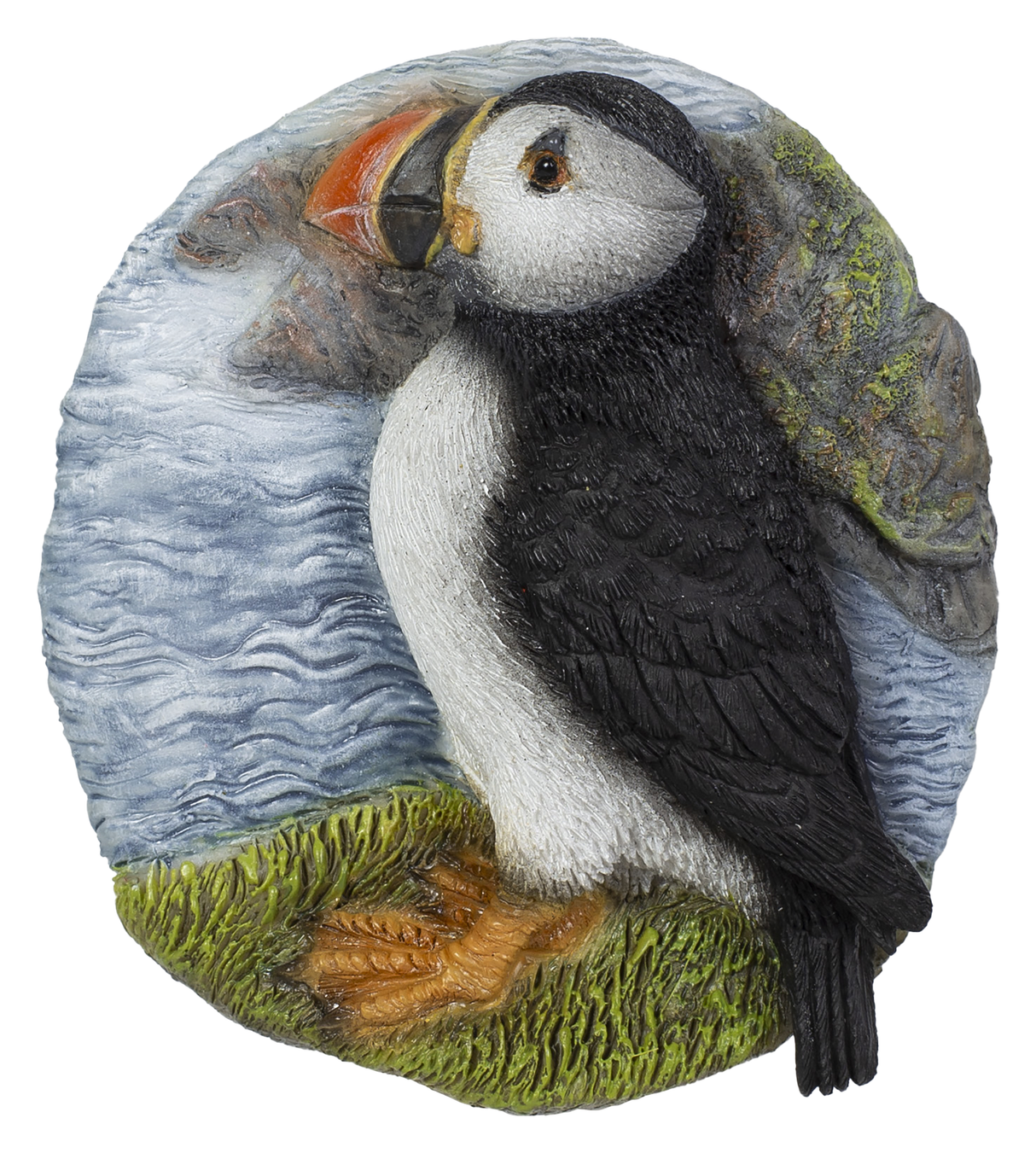Vivid Arts puffin resin ornament magnet featuring a colorful puffin bird with detailed features, suitable for outdoor or home decor.