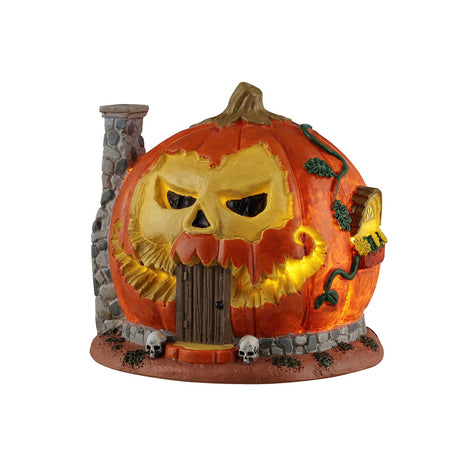 Lemax Spooky Town pumpkin skull house table accent with glowing windows, perfect for Halloween spooky village decor.