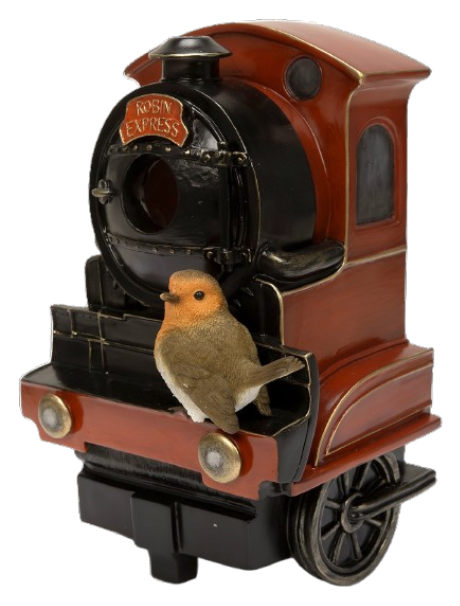 Red Robin Express Train birdhouse by Vivid Arts, a detailed resin ornament featuring a colorful birdhouse with a train design.