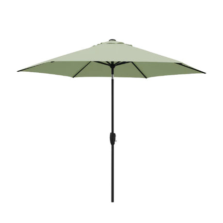 Kettler 3m wind-up parasol with sage canopy, grey frame, auto tilt, and night cover for outdoor shading and furniture.